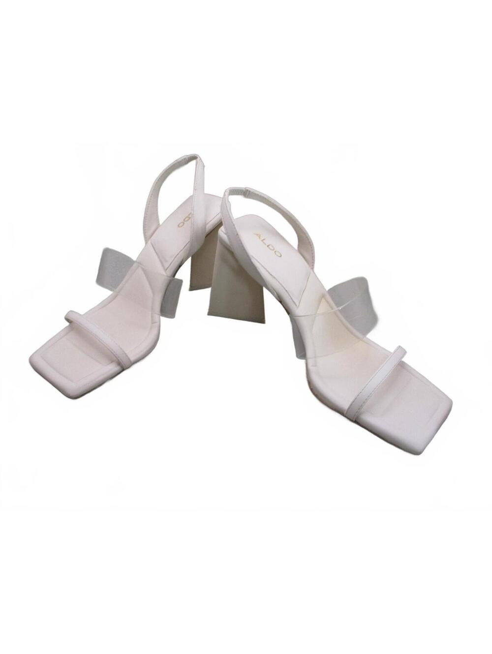 ALDO Eliss White Clear Strap Block Heel Sandals Womens Slingback Square Toe